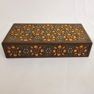 Wood Hand-Carved and Painted Hinged Trinket Box